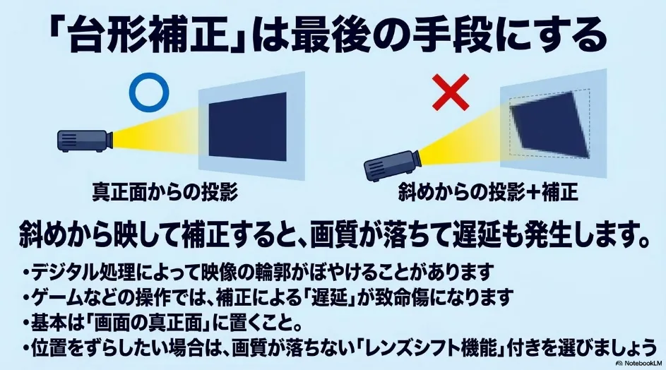 プロジェクターを真正面から投影する場合と、斜めから投影して台形補正する場合の違い