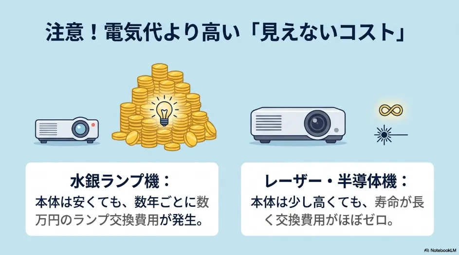 交換費用が発生する水銀ランプ式プロジェクターと、光源寿命が長いLED・レーザー式プロジェクターの維持費比較