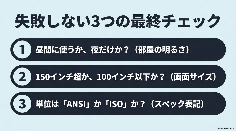 プロジェクターのLEDとレーザーを選ぶ際に確認する部屋の明るさ、画面サイズ、ルーメン単位