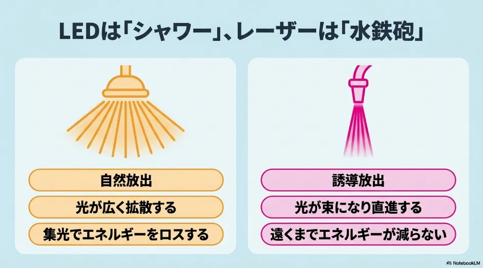 LEDは光が広がりレーザーは光が束になって直進する発光方式の違い