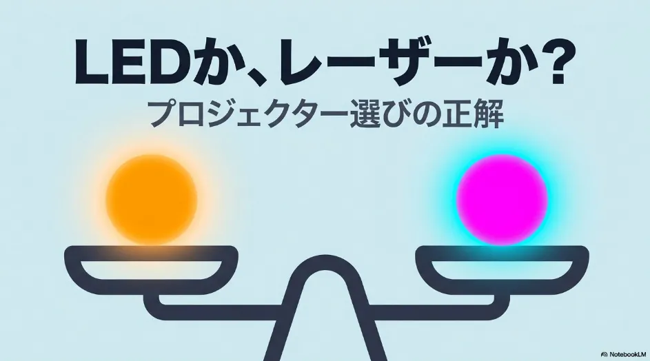LEDとレーザーの光源を天秤で比較したプロジェクター選びのイメージ