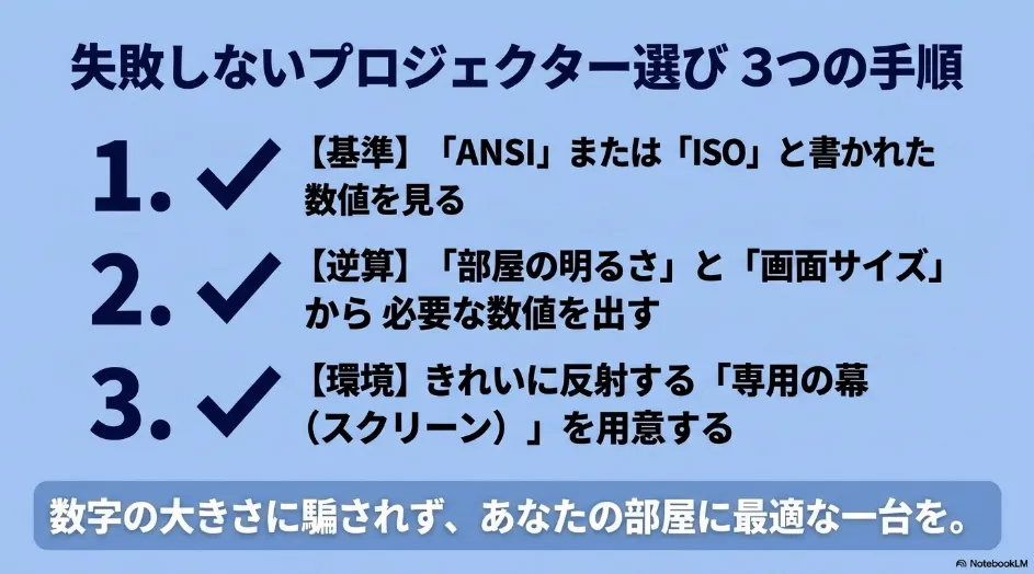 ANSIまたはISOの確認、部屋と画面サイズからの逆算、専用スクリーンの用意というプロジェクター選びの3手順