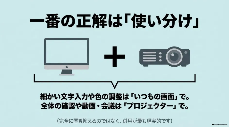 通常のモニターとプロジェクターを用途によって使い分ける構成を示した図