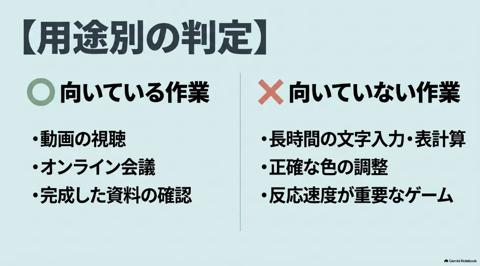 プロジェクターをモニター代わりにする場合に向いている作業と向いていない作業の比較
