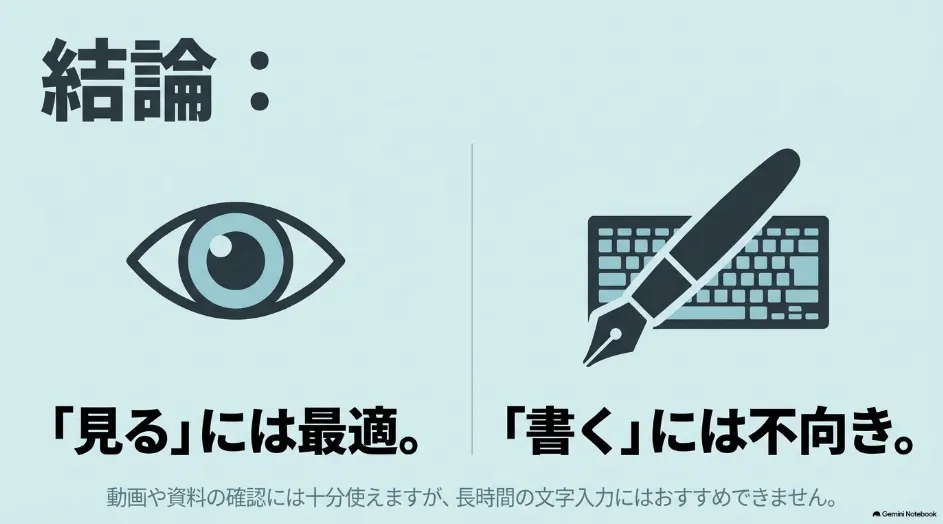 プロジェクターは動画や資料を見る用途に向き、長時間の文字入力には向かないことを示した図