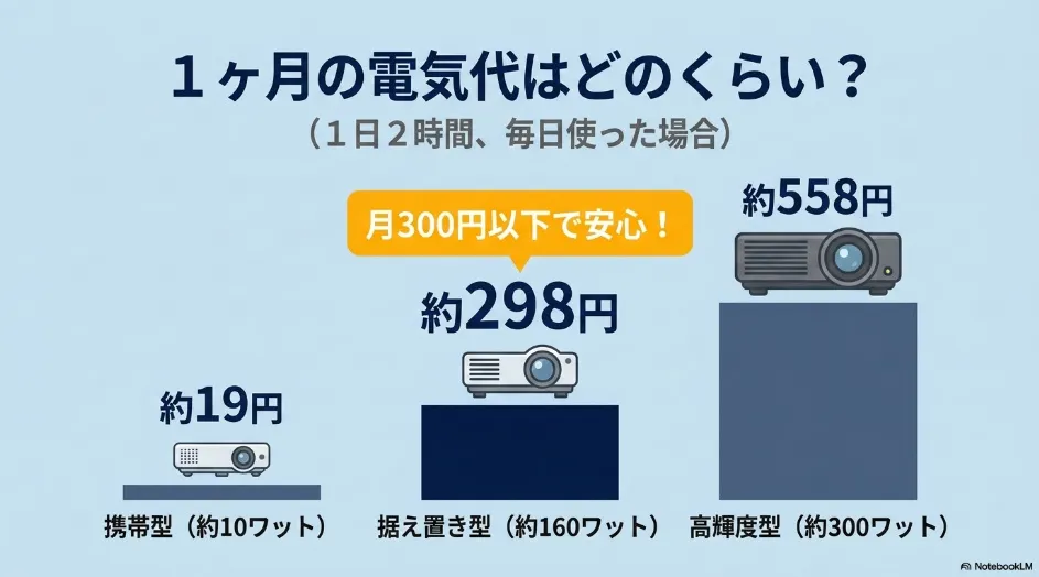 プロジェクターを1日2時間使用した場合のモバイル型、据え置き型、高輝度型の月額電気代比較