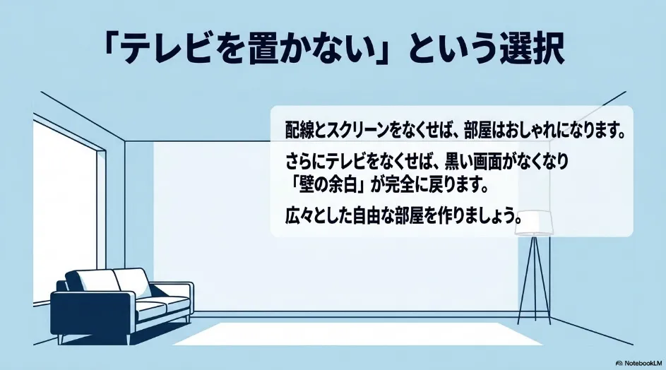 テレビや常設スクリーンを置かず、壁の余白を生かした広々としたリビングを示したイメージ