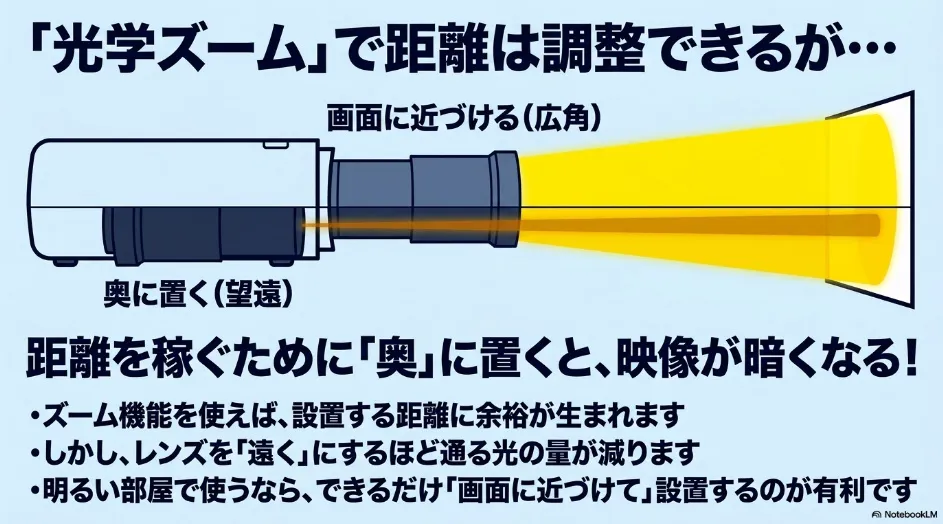 プロジェクターの光学ズームを広角側と望遠側で使用した場合の投影距離と明るさの違い