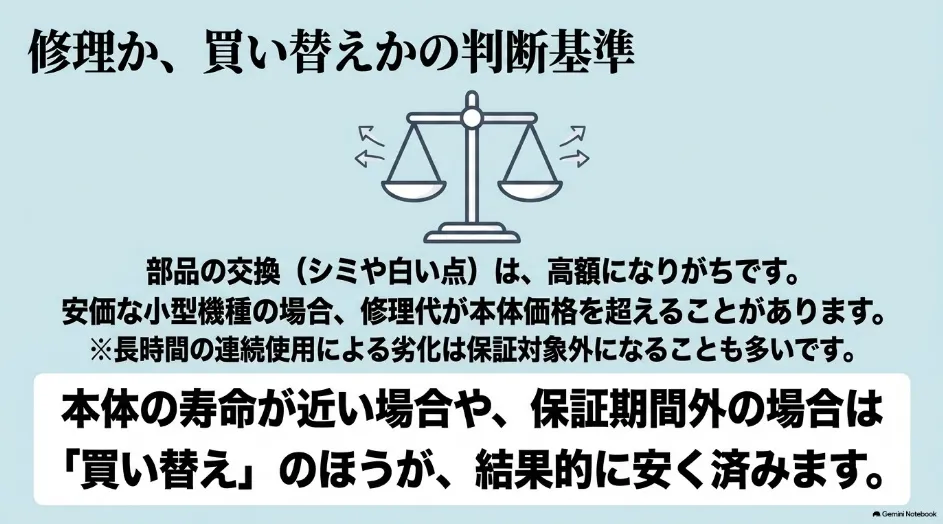 プロジェクターのシミや白い点の修理費と本体価格を比較し、修理か買い替えかを判断する基準