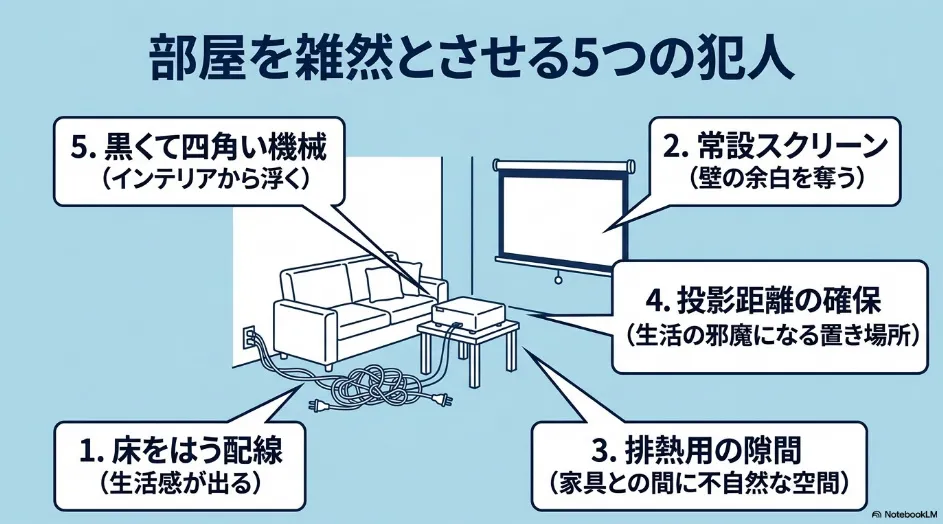 床を這う配線、常設スクリーン、排熱用の隙間、投写距離による置き場所、黒く四角い本体という5つの原因を示した図