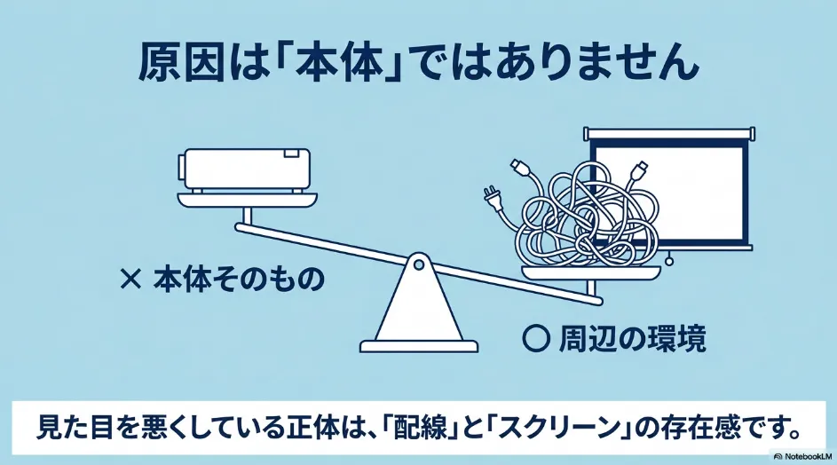 プロジェクター本体よりも、絡まった配線と常設スクリーンが部屋を雑然と見せることを天秤で示した図