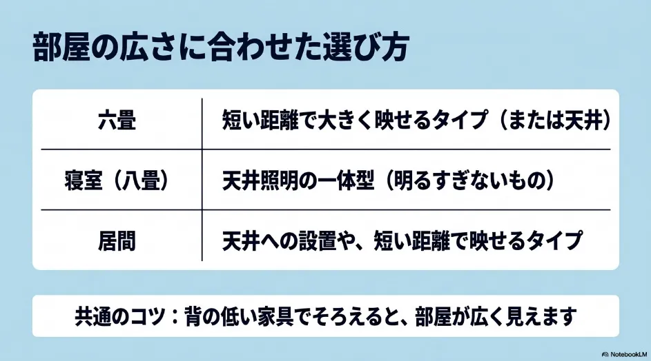 6畳、8畳の寝室、リビングそれぞれに適した短焦点タイプ、天井投影、照明一体型などの設置方法を示した表