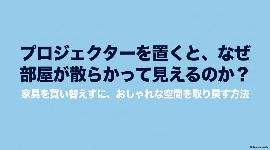 プロジェクターを置くと部屋が散らかって見える理由と、家具を買い替えずにおしゃれな空間を取り戻す方法を示したタイトル画像
