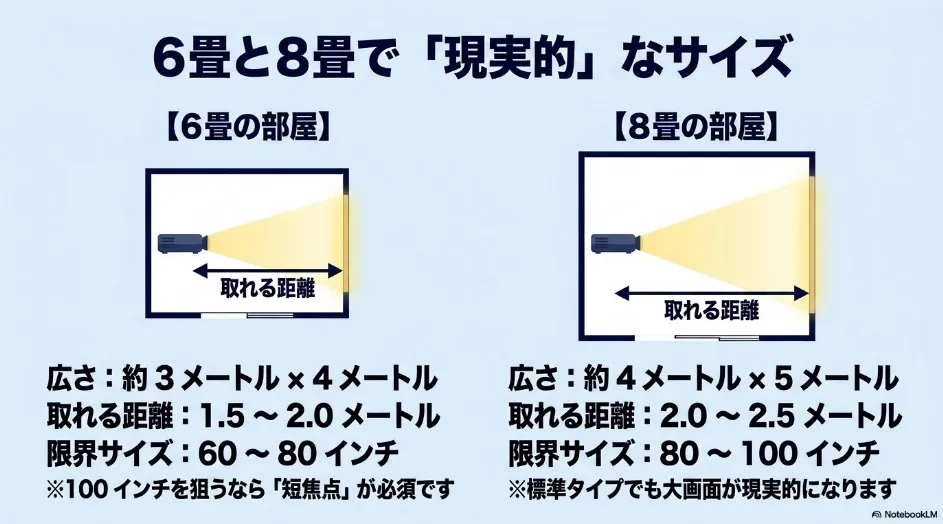 6畳と8畳の部屋で確保しやすい投影距離と、現実的な画面サイズを比較した図