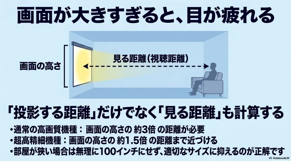 画面の高さとソファまでの視聴距離を示し、大画面ほど適切な視聴距離が必要なことを説明する図