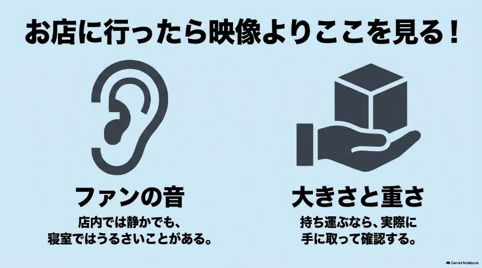 プロジェクターを店頭で確認するときにファンの音と本体の大きさや重さを確認するポイントを示した図