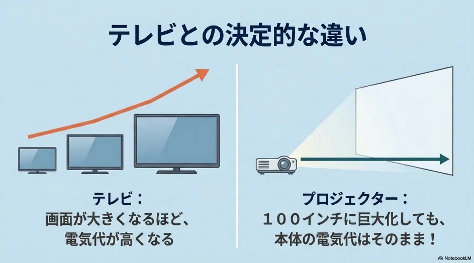 画面サイズが大きくなると消費電力が増えやすいテレビと、投影サイズを広げても本体消費電力が変わらないプロジェクターの比較