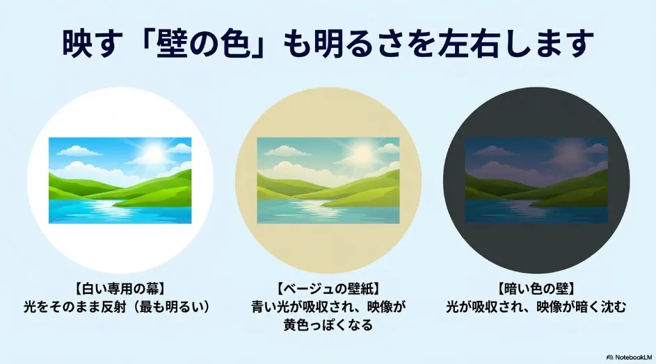 白いスクリーン、ベージュの壁紙、暗い色の壁にプロジェクター映像を投影した場合の明るさと色の違い