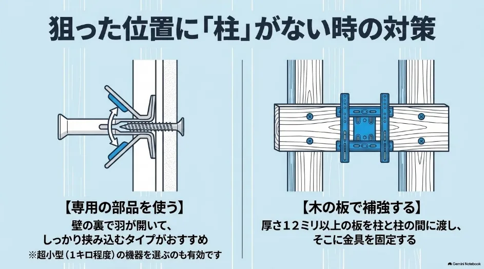 プロジェクターを壁掛けする位置に間柱がない場合の石膏ボード用アンカーと合板補強を示した図