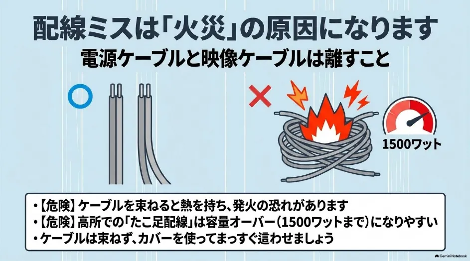 プロジェクター壁掛け時の配線でコードを束ねず電源容量1500Wに注意する安全対策の図