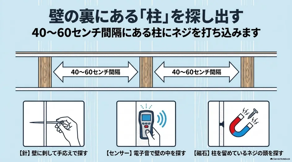 プロジェクター壁掛け前に壁裏の間柱を針式下地探し・電子センサー・磁石の3方法で探す図