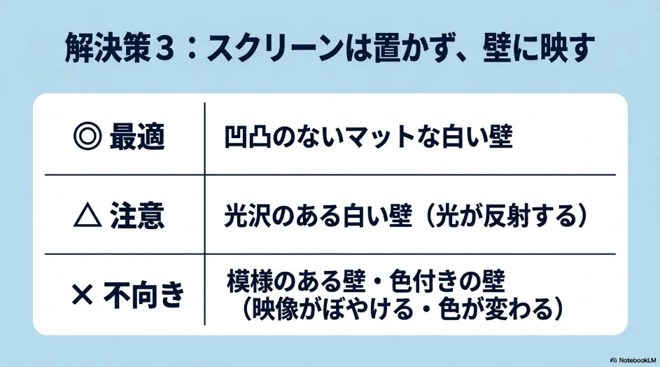 プロジェクターの壁投影に適した凹凸の少ないマットな白い壁と、光沢や模様、色がある不向きな壁を比較した表