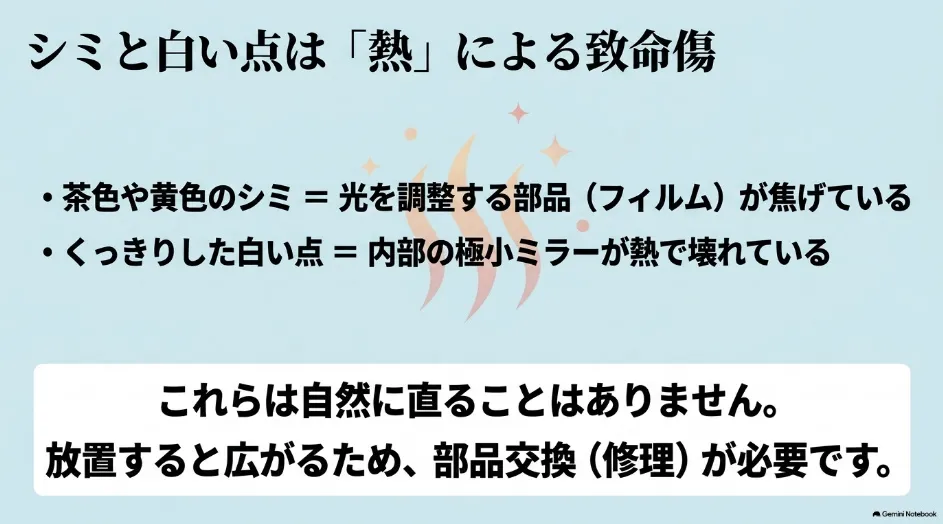 プロジェクターの茶色や黄色のシミと白い点は内部部品の熱劣化や故障で、自然には直らないことを説明したスライド