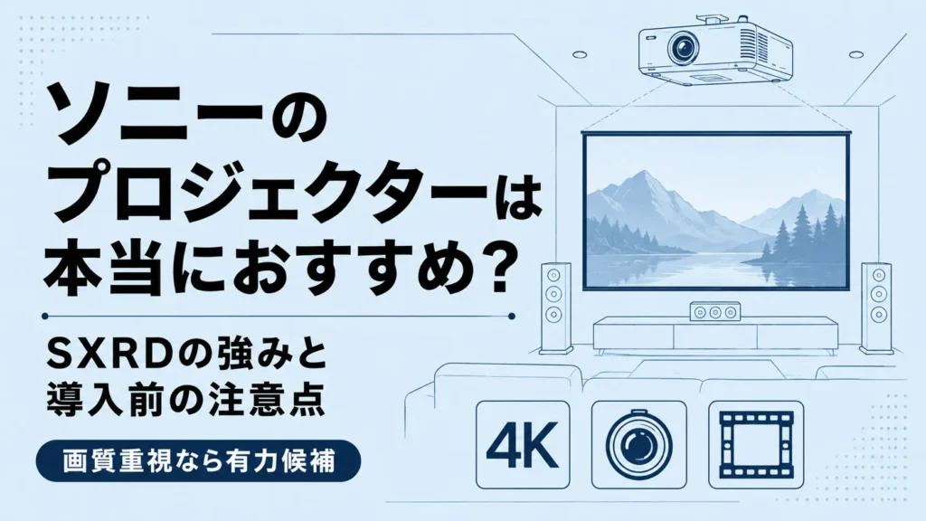 ソニーのプロジェクターが画質重視の人に向いていることをテーマに、ホームシアターのイメージとSXRD・4K・映像体験を視覚的に表現したアイキャッチ画像