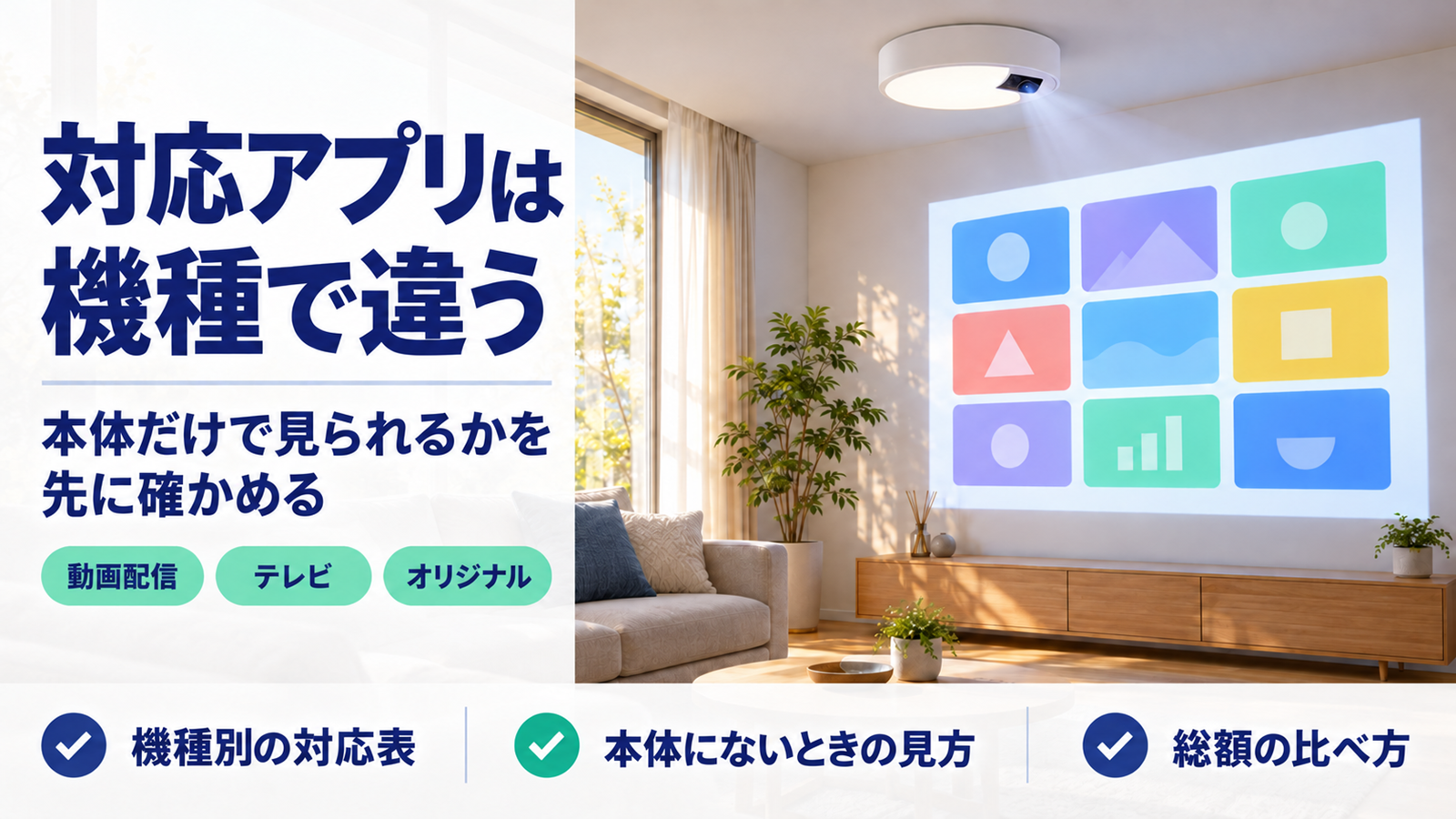 天井の照明一体型プロジェクターが壁にアプリの並ぶ画面を映すリビング
