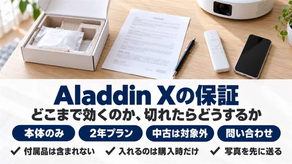 外箱と書類とリモコンを並べた保証の手続きをイメージした机