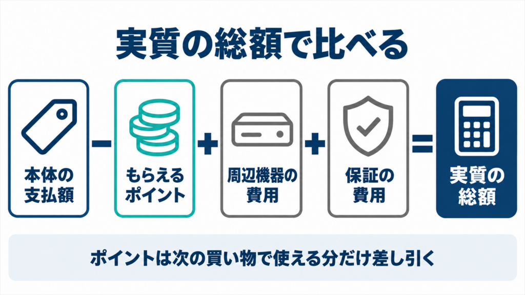 本体価格からポイントを引き周辺機器と保証を足して実質価格を出す流れを示した図