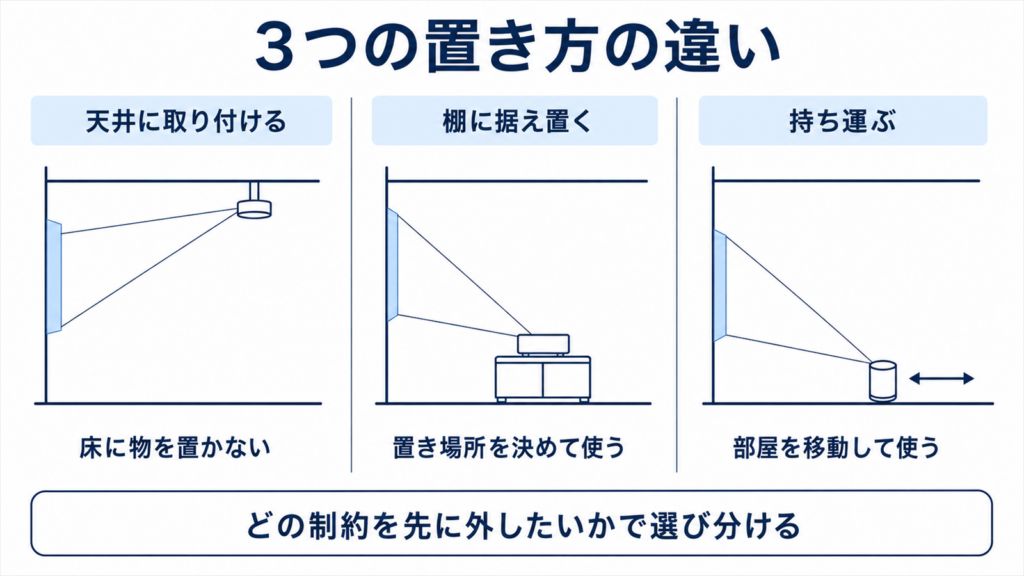 天井取付と据え置きと持ち運びの3つの設置方法を部屋の断面で並べた図