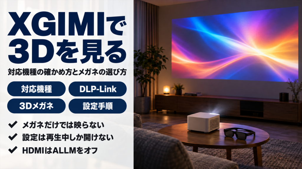 夜のリビングでプロジェクターと3Dメガネを並べたバナー