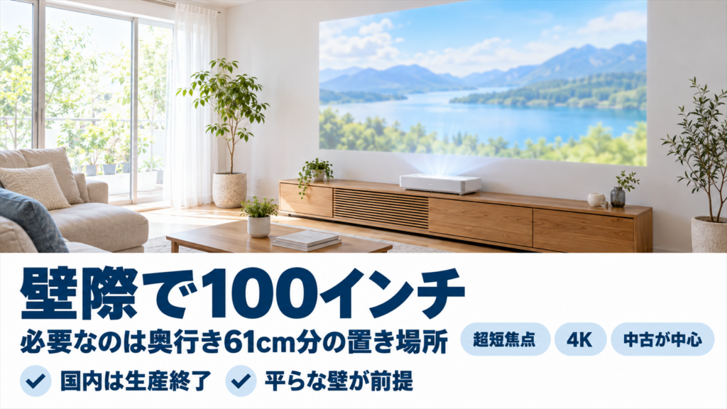 XGIMI AURAを壁際に置いて100インチを映しているバナー