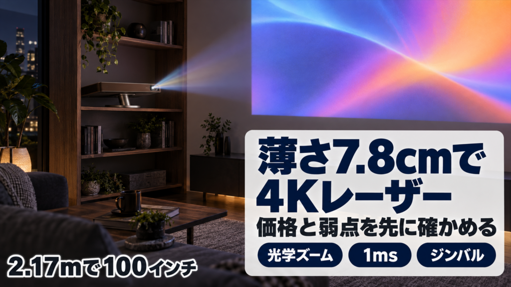 本棚に置いた薄型プロジェクターが夜のリビングの壁に映す様子