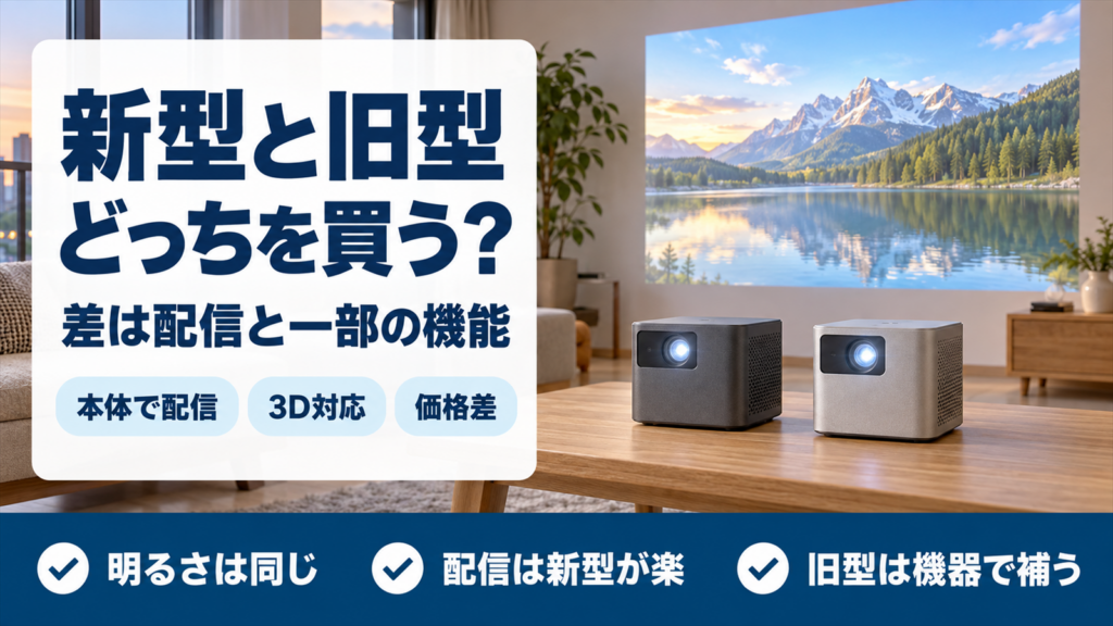ポータブルプロジェクターの新型と旧型を比べるバナー