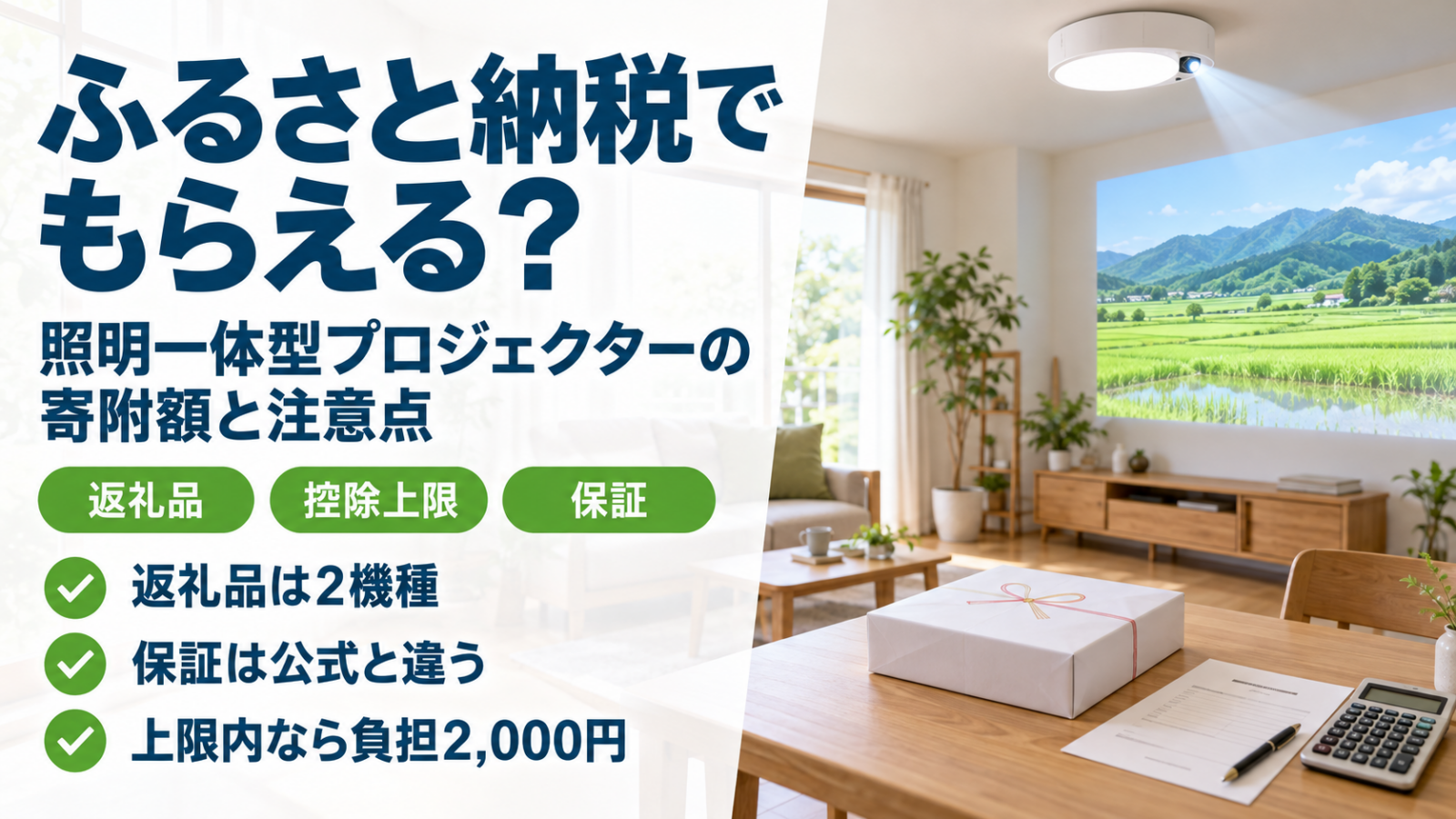 天井の照明一体型プロジェクターと返礼品の箱が置かれたリビング