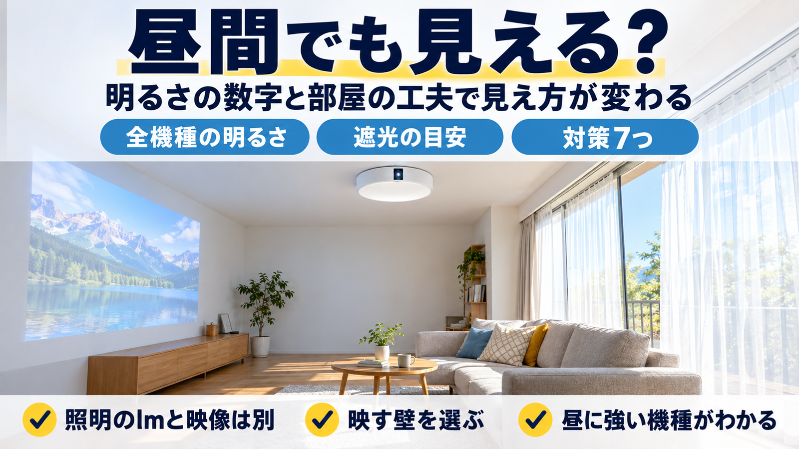 日差しの入る昼のリビングで天井の照明一体型プロジェクターが壁に映す様子