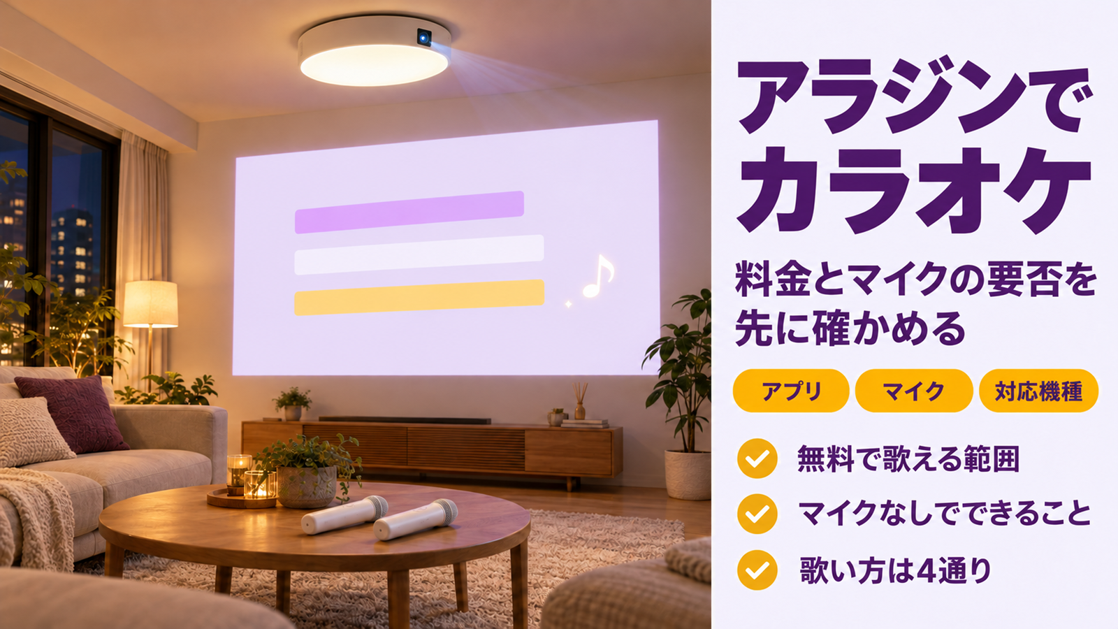 天井の照明一体型プロジェクターが歌詞風の画面を映すリビングと2本のマイク