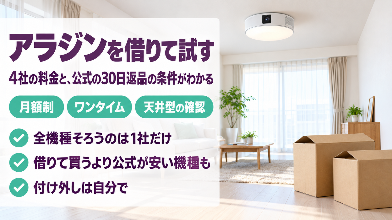 配送用の箱と天井の照明一体型プロジェクターがある明るい部屋