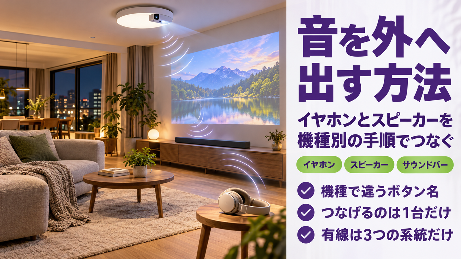天井の照明一体型プロジェクターとサウンドバーとワイヤレスヘッドホンが並ぶリビング