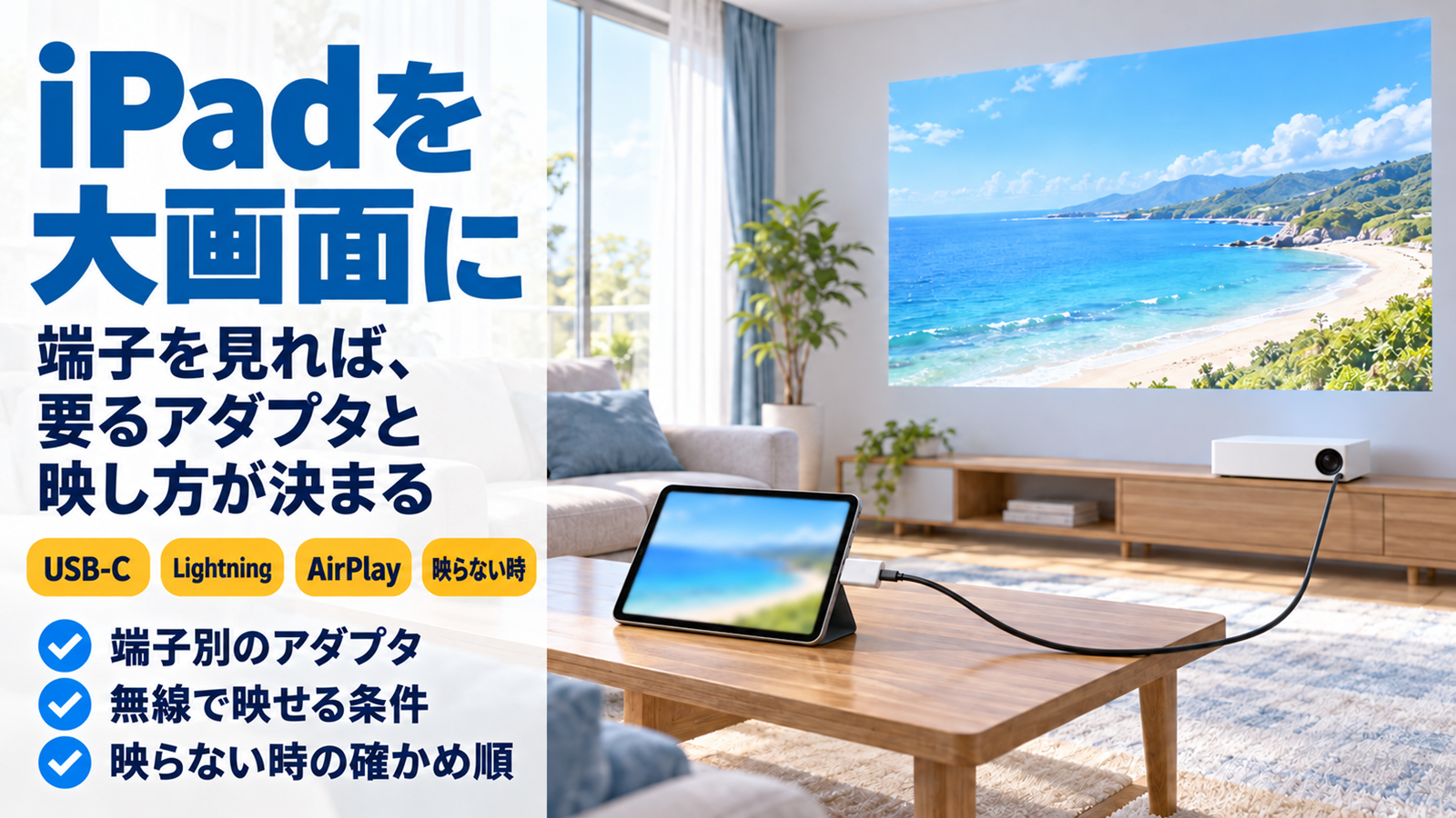 ローテーブルのタブレットからケーブルでつないだプロジェクターが白い壁に映すリビング